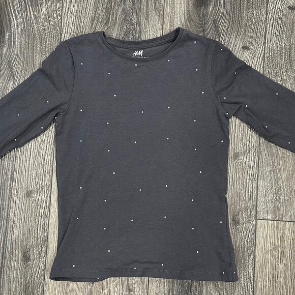 H&M Dark Grey with White Polka Dots Long-sleeved Shirt, Size 6/7 - Picture 1 of 4